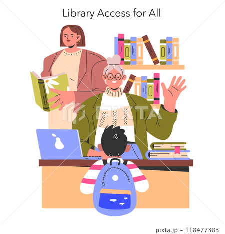 Knowledge for All concept. A diverse group enjoys the resources of a public library. Lifelong learning, community education, accessible information. Vector illustration. 118477383