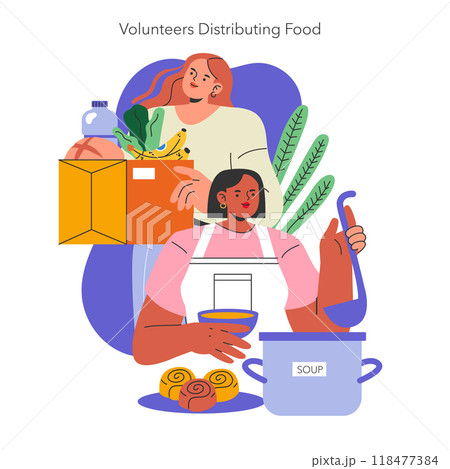 International Day of Charity concept. Volunteers sharing meals and hope with a compassion spirit. Food aid and community support. Vector illustration. 118477384