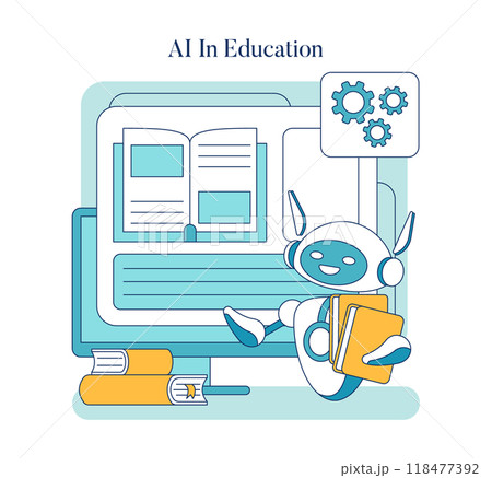 AI in Education concept. A friendly robot with books demonstrating modern learning technology. Innovative education methods and digital literacy. Vector illustration. 118477392