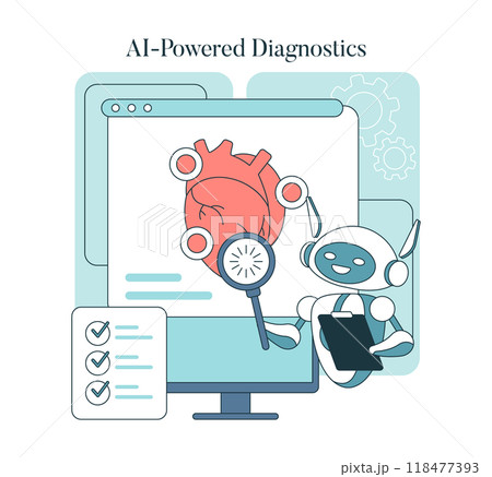 Medical technology concept. A robot utilizing AI for heart diagnostics on a computer screen, illustrating modern healthcare. Vector illustration. 118477393