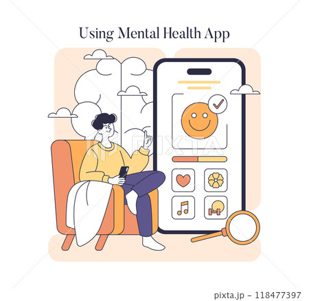Suicide Prevention Day concept. Awareness of mental health support through apps. Encouraging well-being and self-care. Vector illustration. 118477397
