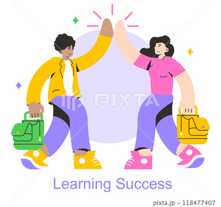 Collaborative Learning concept. Students celebrate academic achievement with a high five. Teamwork in education and shared success. Vector illustration. Collaborative Learning concept. Students celebrate academic achievement with a high five. Teamwork in education and shared success. Vector illustration. 118477407