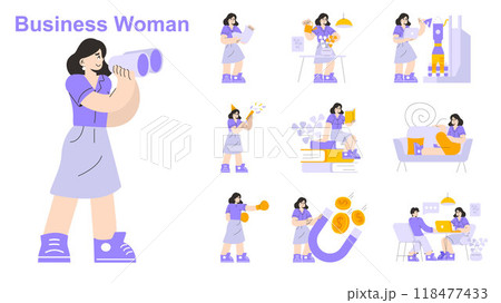 Businesswoman set. Professional woman in diverse roles and activities. Career, leadership, and work-life balance. Vector illustration. Businesswoman set. Professional woman in diverse roles and activities. Career, leadership, and work-life balance. Vector illustration. 118477433