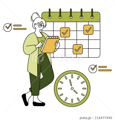 Older Businesswoman concept. A mature professional female managing her schedule efficiently. Time management and task organization. Vector illustration. 118477440