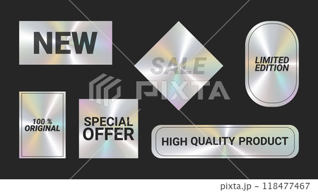 Holographic stickers logos emblem labels color set. New High quality product For packaging product of promotional material. Sticker for clothes or accessories. Vector illustration. 118477467