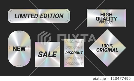 Holographic stickers logos emblem labels color set. Diamond square oval. For packaging product of promotional material. Sticker for clothes or accessories. Vector illustration. 118477490