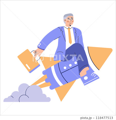Senior businessman on rocket expressing career growth and success motivation. Corporate ambition and leadership concept. Vector illustration. Senior businessman on rocket expressing career growth and success motivation. Corporate ambition and leadership concept. Vector illustration. 118477513