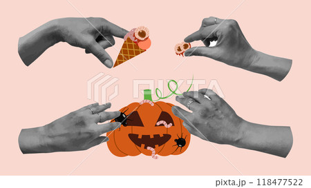 Halloween halftone collage set hands. Cut paper. Hand gestures. Zombie food. Creepy pumpkin ice cream eye. Effect cut paper from newspaper. Design poster festive party advertising materials. Vector. 118477522