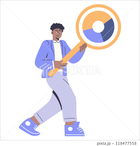 Diversity businessman concept. A cheerful entrepreneur holds a magnifying glass, symbolizing market analysis. Strategic leadership and insightful decision-making. Vector illustration. 118477558