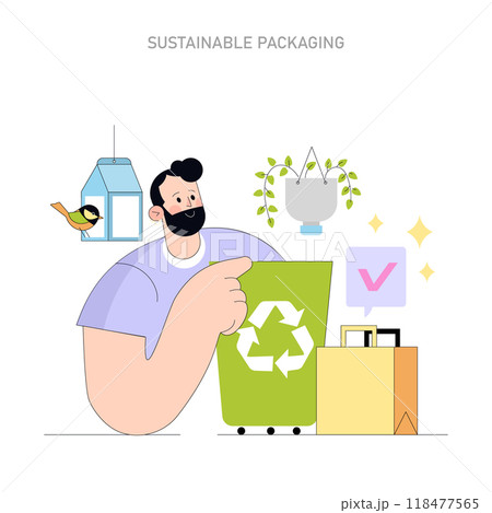 Sustainable Packaging concept. Man promoting eco-friendly materials, supporting green initiatives for a sustainable future. Vector illustration. 118477565