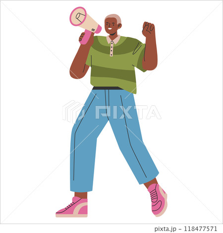 Communicative Young Businessman concept. Animated professional holding a megaphone to voice ideas, inspiring leadership. Vector illustration. 118477571