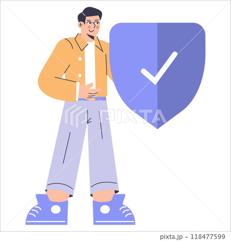 Diversity Businessman concept. An inclusive businessman stands confident next to a checkmark shield symbolizing assurance. Trustworthy corporate diversity theme. Vector illustration. 118477599