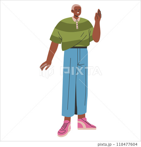 Confident young businessman greeting vector illustration. Casual modern entrepreneur with stylish outfit waving hello. Vector illustration. 118477604