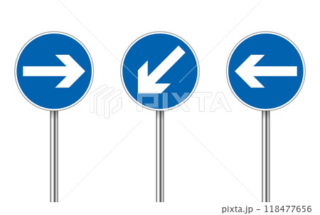 blue circle road signs with arrows pointing in different directions. Vector illustration blue circle road signs with arrows pointing in different directions. Vector illustration 118477656