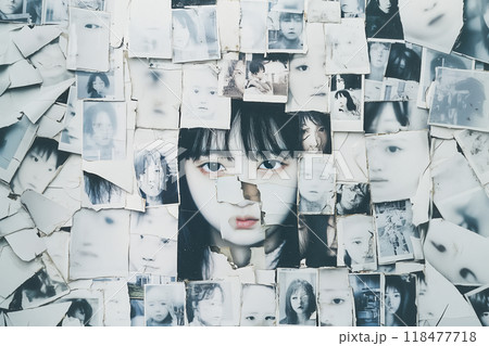壁に貼られた沢山の顔の写真 118477718