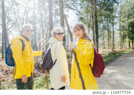 Group of friends walking with backpacks in forest. Trekking travel in adventure lifestyle, nature hiking in vacation holiday with journey. Tourism, hiking, and friendship concept. Outdoor activities Group of friends walking with backpacks in forest. Trekking travel in adventure lifestyle, nature hiking in vacation holiday with journey. Tourism, hiking, and friendship concept. Outdoor activities 118477759