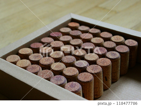 Brown Corrugated Paper Tray With Rows Of A Wine Corks On A Wooden Shelf Detailed Stock Photo 118477786