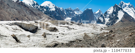 A glacier in Kyrgyzstan, surrounded by snowy mountains, is represented in the summer season without visible water. The freshwater areas are completely covered with ice and snow. 118477833