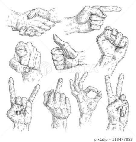 Male Hand sign. Vector black vintage engraved illustration 118477852