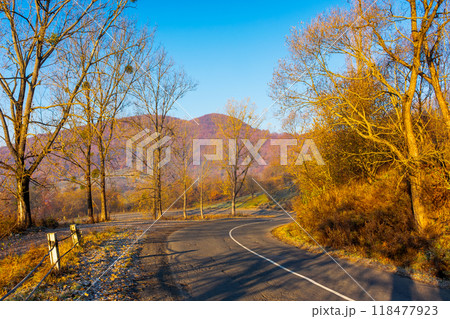 asphalt country road in mountain in autumn. leafless forest on the hill in fall season. sunny morning. trip through countryside of ukraine asphalt country road in mountain in autumn. leafless forest on the hill in fall season. sunny morning. trip through countryside of ukraine 118477923
