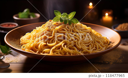 Recipe Noodle in bowl on dark blurred background 118477965