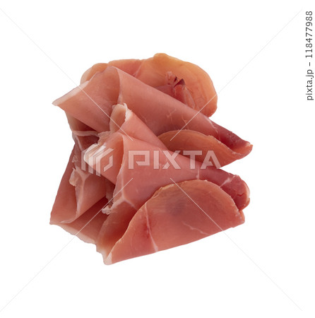 prosciutto isolated on white background prosciutto isolated on white background 118477988