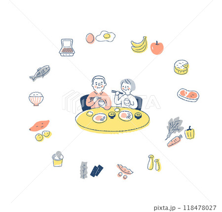 健康的な食事をしている夫婦とさまざまな食品 118478027