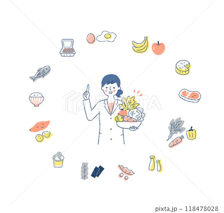 野菜を抱えて説明している栄養士の女性とさまざまな食品 118478028
