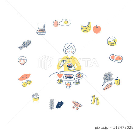 健康的な食事をしている女性とさまざまな食品 118478029