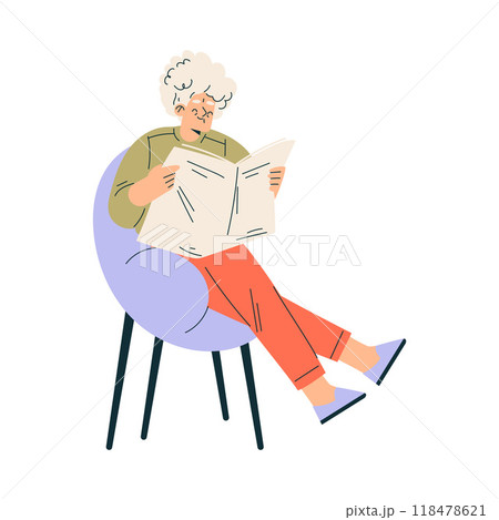 Senior Woman Character Sit on Chair Reading Newspaper Vector Illustration Senior Woman Character Sit on Chair Reading Newspaper Vector Illustration 118478621
