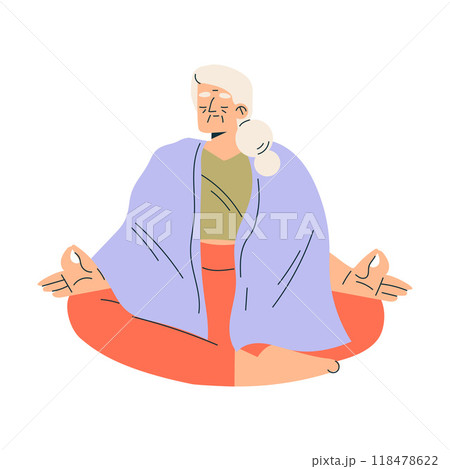 Senior Woman Character Sit in Yoga Pose Do Exercise Vector Illustration Senior Woman Character Sit in Yoga Pose Do Exercise Vector Illustration 118478622