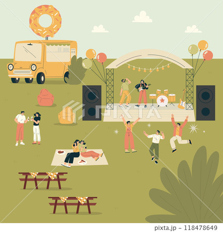 Musical Festival with People Dance and Listen to Music Outdoor Vector Illustration 118478649