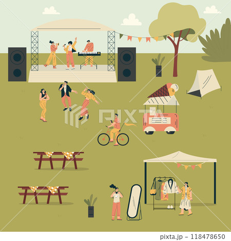 Musical Festival with People Dance and Listen to Music Outdoor Vector Illustration 118478650