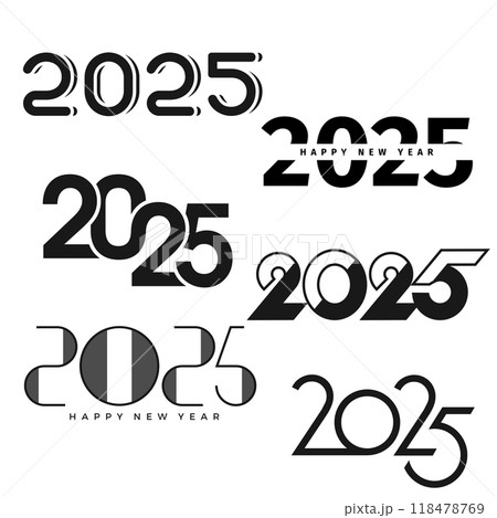 Minimalistic 2025 Happy New Year text designs in black and white. Vector 118478769