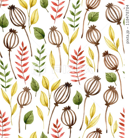watercolor seamless pattern with autumn dry flowers and leaves. boho watercolor seamless pattern with autumn dry flowers and leaves. boho 118478784
