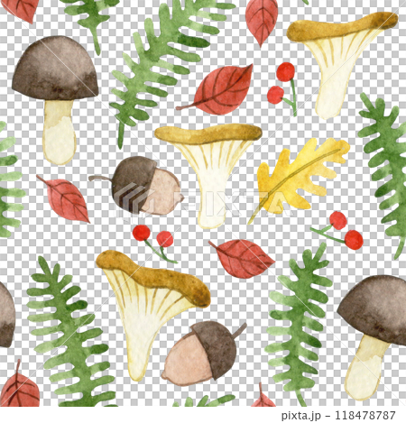 watercolor seamless pattern with forest plants and mushrooms. cute autumn print, cartoon watercolor seamless pattern with forest plants and mushrooms. cute autumn print, cartoon 118478787