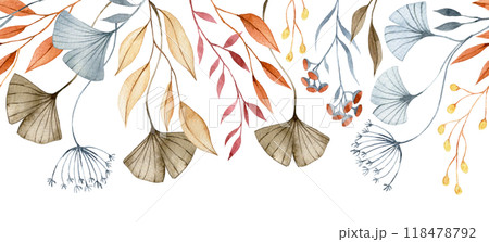 watercolor seamless border with autumn dry flowers and leaves. boho femme 118478792