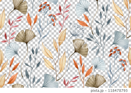 watercolor seamless pattern with autumn dry flowers and leaves. boho 118478793