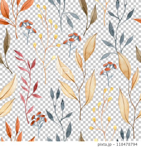 watercolor seamless pattern with autumn dry flowers and leaves. boho 118478794