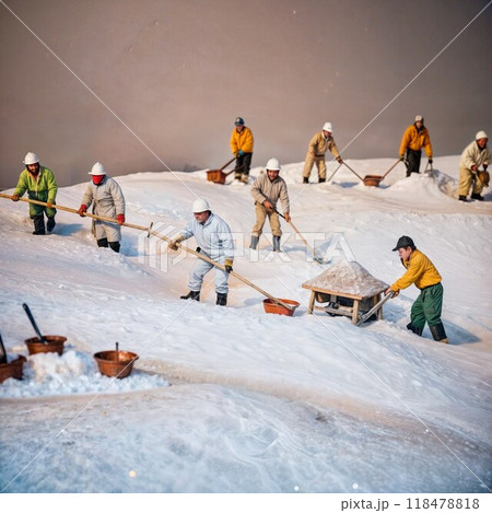 Miniature workers labor on surreal salt mounds 118478818