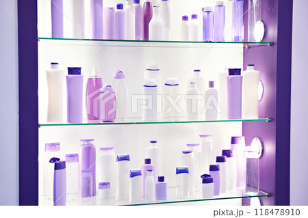 Showcase shop with plastic bottles shampoo Showcase shop with plastic bottles shampoo 118478910