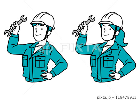 スパナを構える作業員の男女　セット 118478913