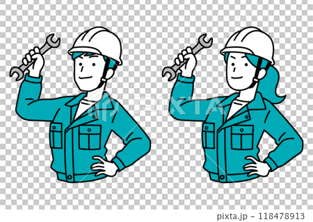 Set of male and female workers holding wrenches 118478913