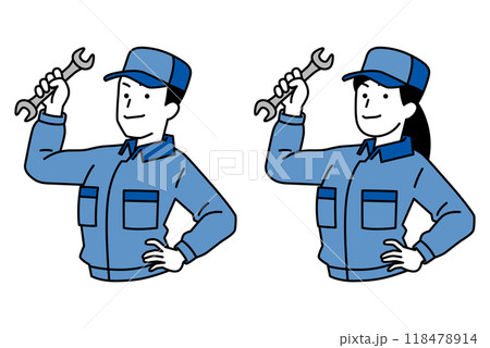 スパナを構えるつなぎ作業服の男女　セット 118478914