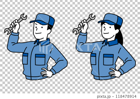 スパナを構えるつなぎ作業服の男女　セット 118478914