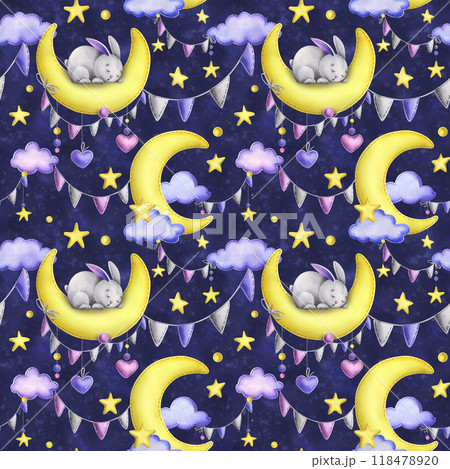 A cute gray stitched bunny lies and sleeps on a yellow moon with the garland flags, hearts hanging on ropes with bows. Watercolor illustration, hand drawn. Seamless pattern on a dark blue background. 118478920