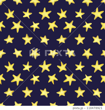 Yellow stars sewn from fabric with thread stitches. Watercolor illustration, hand drawn. Seamless pattern on a dark blue background. 118478921