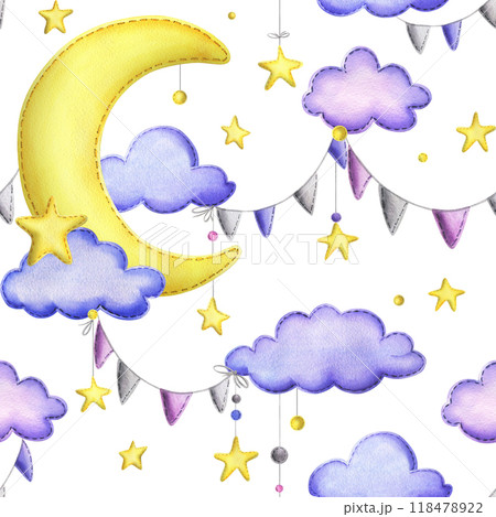 A cute stitched yellow moon with hanging stars, garland flags, dots, clouds. Watercolor illustration, hand drawn. Seamless pattern on a white background 118478922