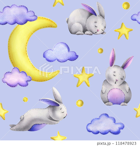 A cute gray bunny stitched sits and sleeps on a yellow moon with hanging stars, dots, clouds. Watercolor illustration, hand drawn. Seamless pattern on a lilac background. A cute gray bunny stitched sits and sleeps on a yellow moon with hanging stars, dots, clouds. Watercolor illustration, hand drawn. Seamless pattern on a lilac background. 118478923