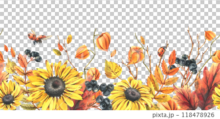 Autumn berries physalis, chokeberry, rowan leaves, maple, birch, rudbeckia flowers tree branches and ladybugs. Watercolor illustrations. Horizontal seamless border isolated from background 118478926